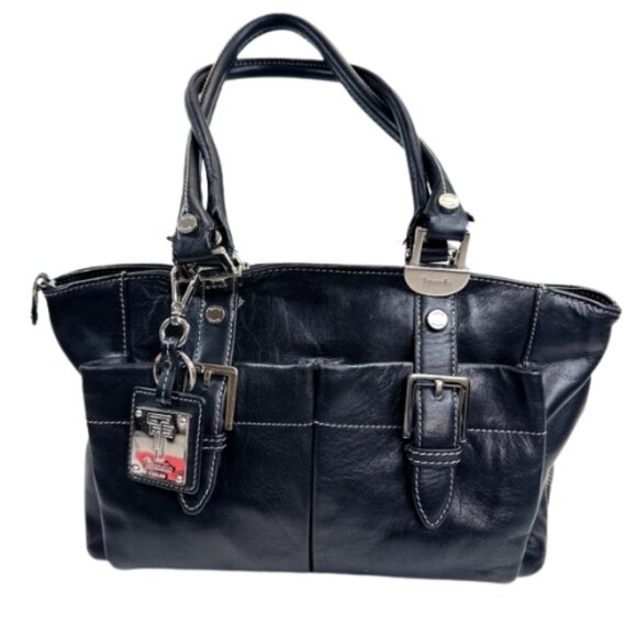 Tignanello Womens Pocket Double Buckle Shoulder Leather Satchel Bag - Picture 1 of 16